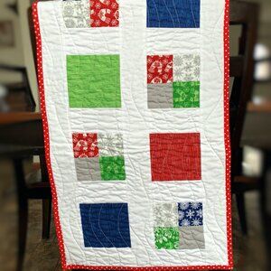 Handmade Christmas Quilted Table Runner --  14" x 41" -- red, blue, green